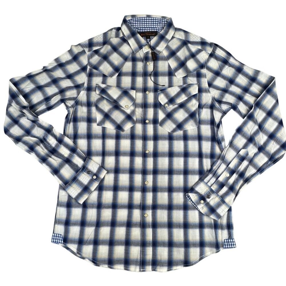 Ben Sherman Mens S Checkered Long Sleeve Shirt Western Cowboy Blue White NWT